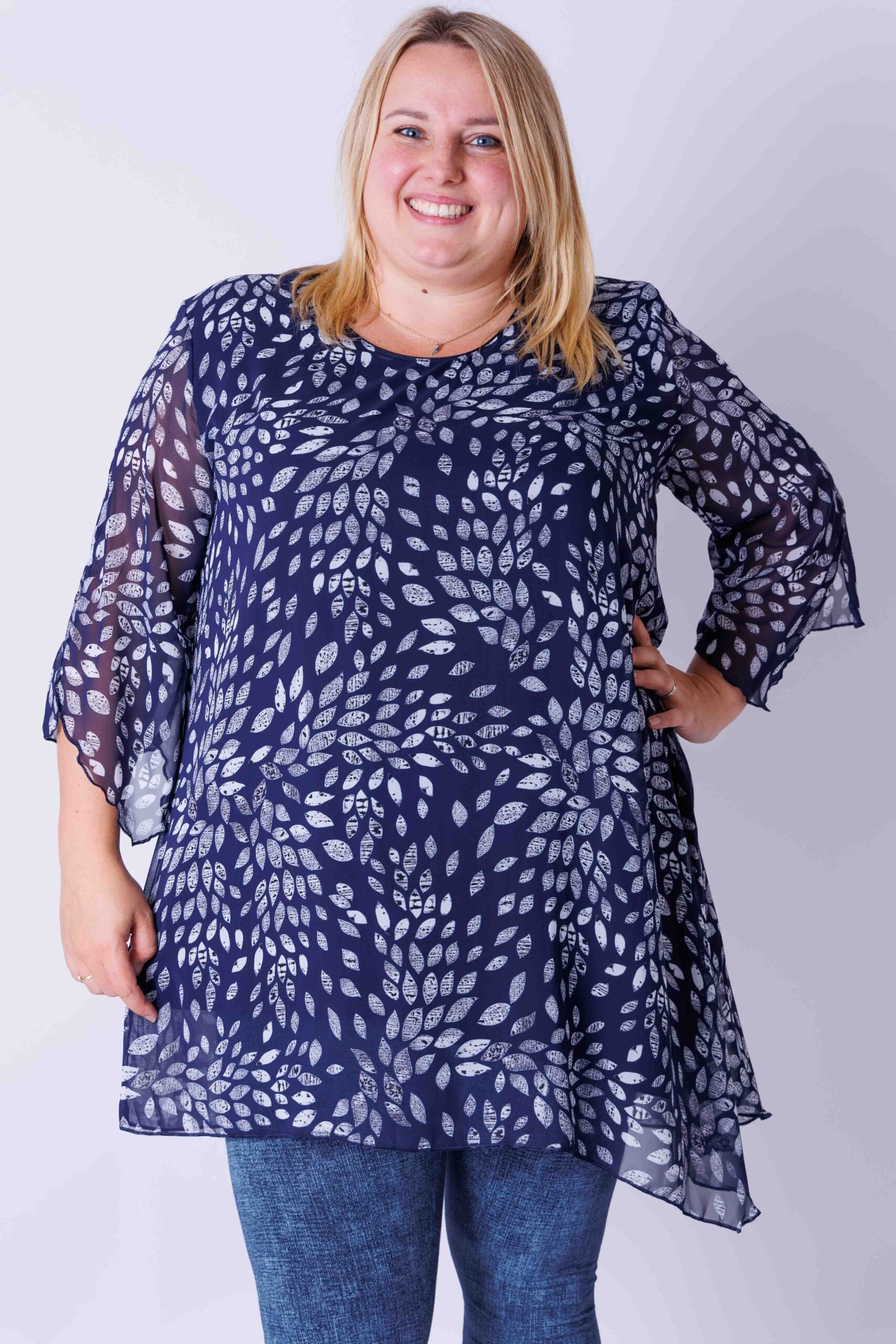 Tuniek Lotte smalle bladeren donkerblauw chiffon