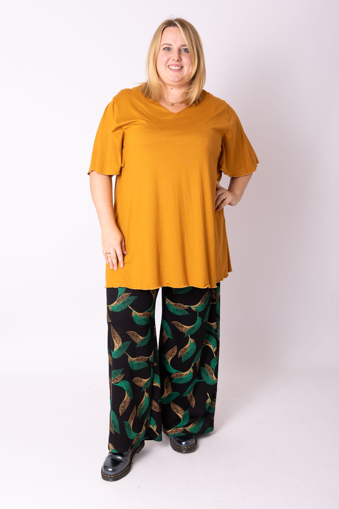 Wijde broek Judith goud groene bladeren