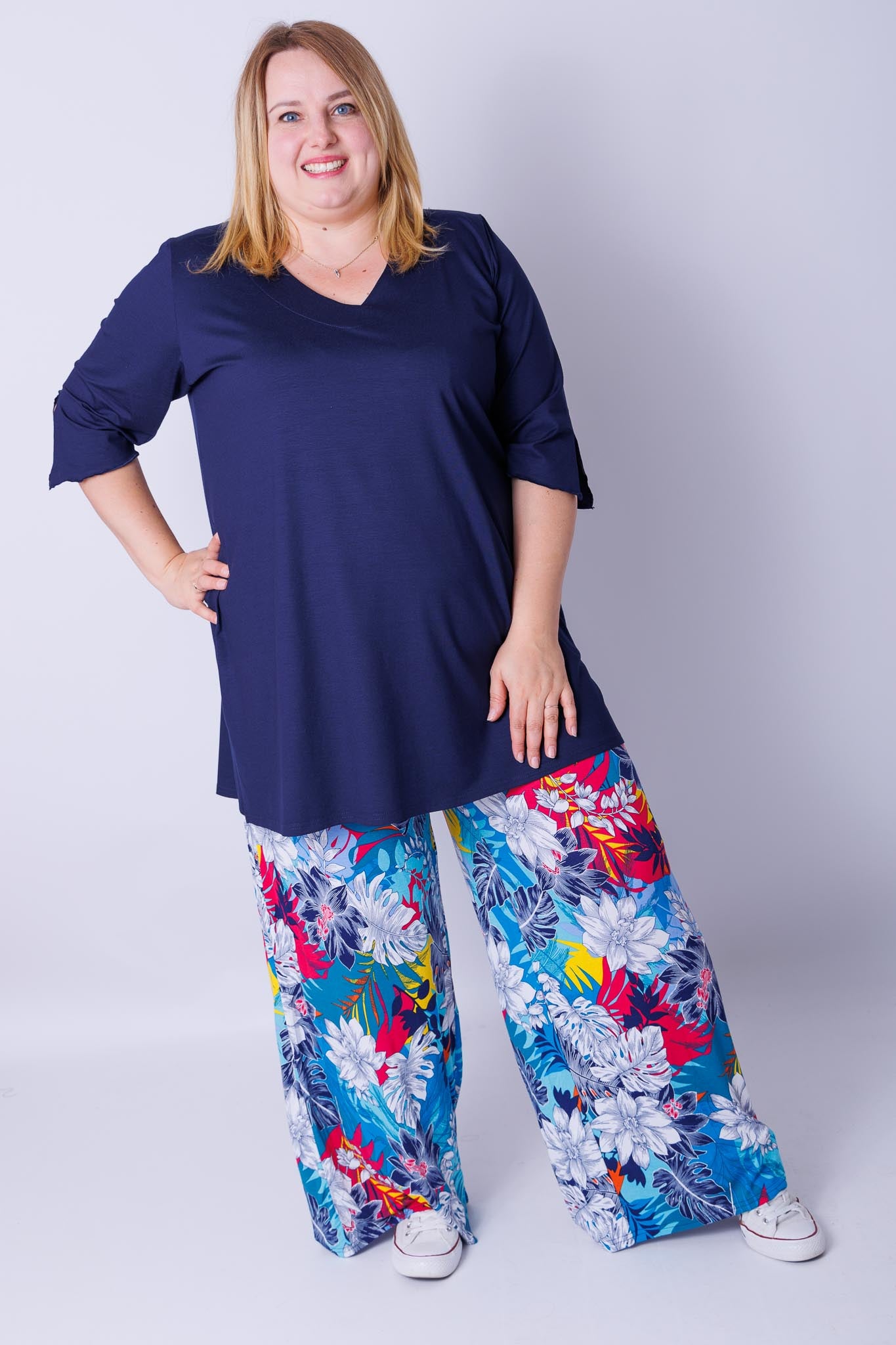 Wijde broek Judith turquoise tropisch viscose